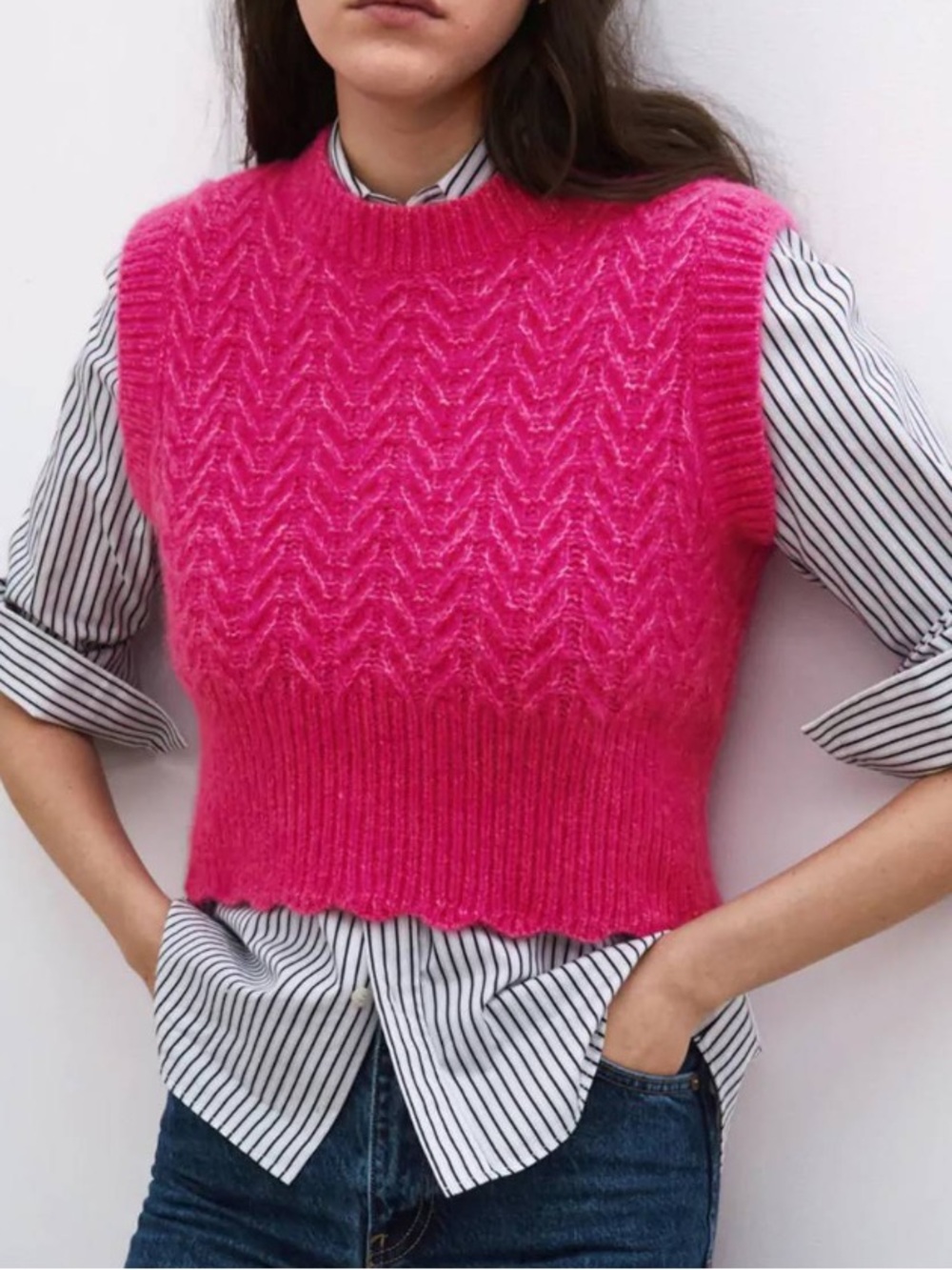 Zara Cable Knit Sweater Vest Hot Pink Size Large